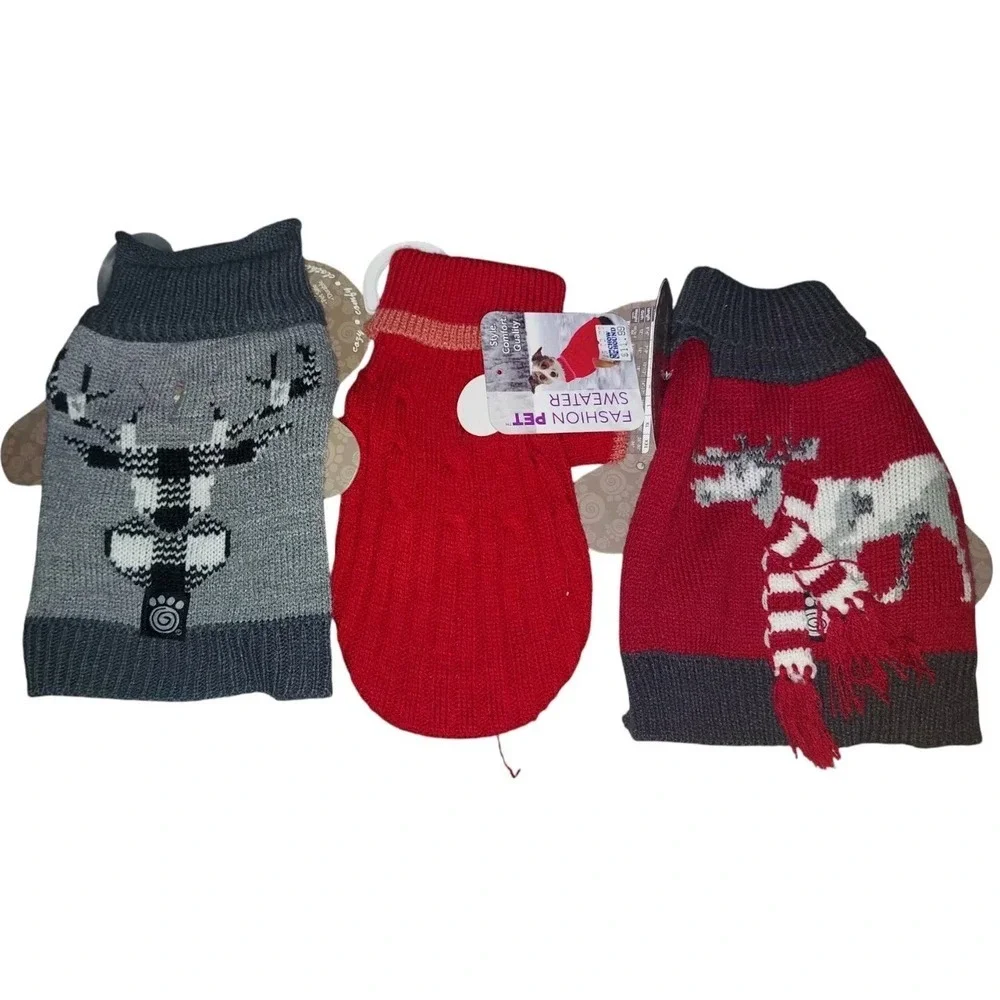 Bundle 3 XS Dog Sweaters, New, Deer And Moose Design, Gray And‎ Red